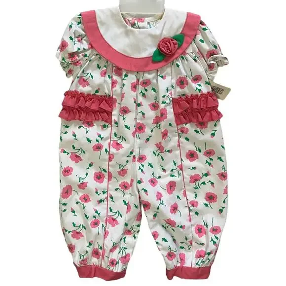 Vintage 80s Baby Pink, White, & Green Floral Collared Romper Size 6-9 Months